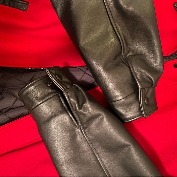 Leather & Wool Bomber Jacket - red & black - Picture 3 of 7